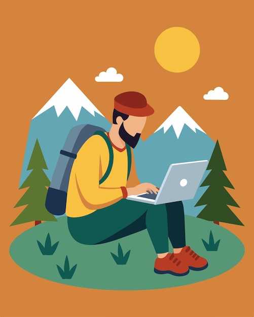 A hiker typing away on a rugged durable laptop that is powered by the sun while they explore the