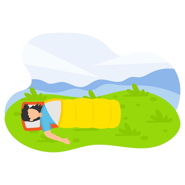 Hikers Man relaxing in sleeping bag Concept adventure bedrolls vector color icon design Outdoor week