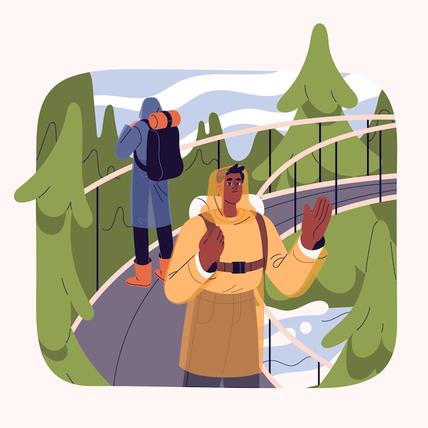 Hikers trekking in forest men in raincoats with backpack hike outing Backpackers adventure on nature outdoor Tourists cross wood river on bridge Holiday travel Flat isolated vector illustration