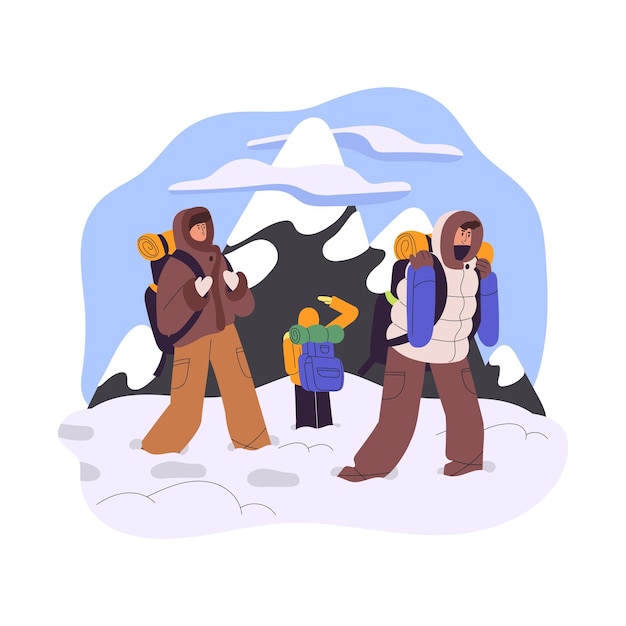 Hikers with backpacks during winter hiking trekking to mountains Climbers backpackers in snow Tourists at adventure on wintertime holiday Flat vector illustration isolated on white background