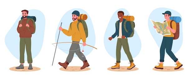 Hiking active tourists Men on hike male characters outdoor adventure trekking and backpacking flat vector illustration Young guys hiking on trail with backpacks