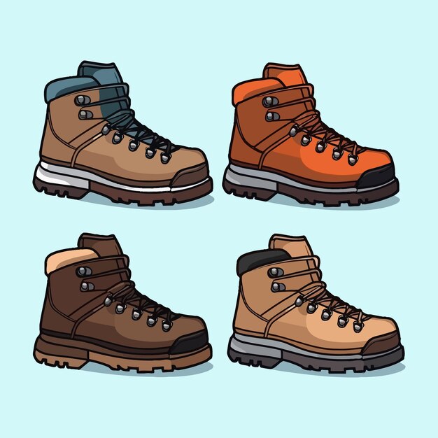 Vector hiking boots vector illustration set items