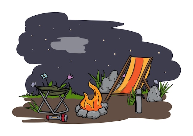 Hiking and camping Editable vector illustration of a night landscape with a bonfire