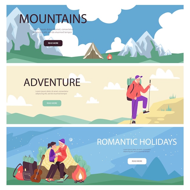 Hiking and climbing banners or flyers with tourists flat vector illustration