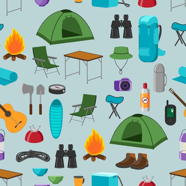 Hiking equipment. Camping. Seamless background