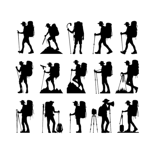 Hiking man black vector silhouette set