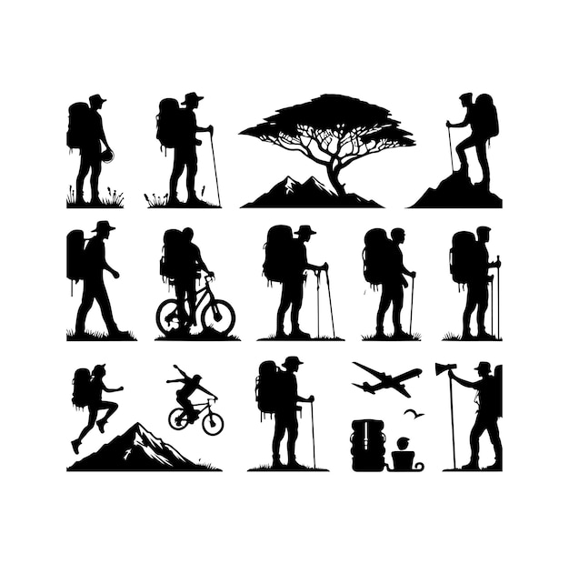 Hiking man black vector silhouette set