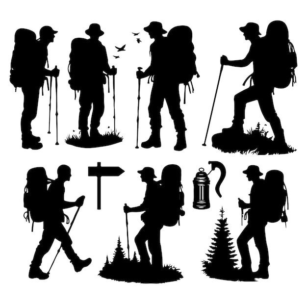 Vector hiking man silhouette vector hiker set illustration