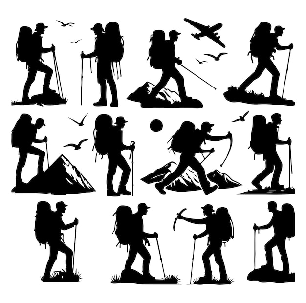 Hiking man silhouette vector hiker set illustration