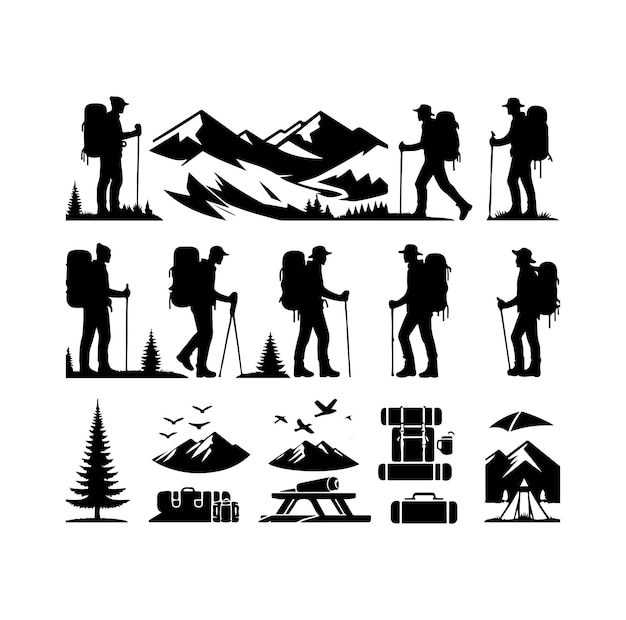 Hiking man vector silhouette set hiker silhouettes hiker with backpack vector silhouette