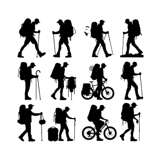 Hiking man vector silhouette set hiker silhouettes hiker with backpack vector silhouette