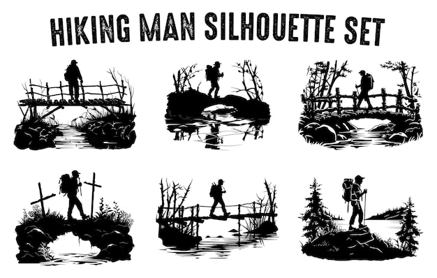 Hiking man vector Silhouette set Hiker Silhouettes Silhouettes of Hiker with a backpack