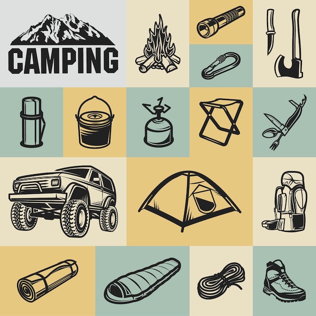 Hiking, mountain climbing and camping equipment  - icon set a