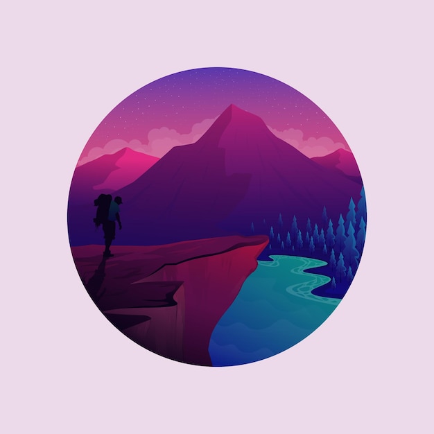 Hiking mountain logo design landscape vector illustration