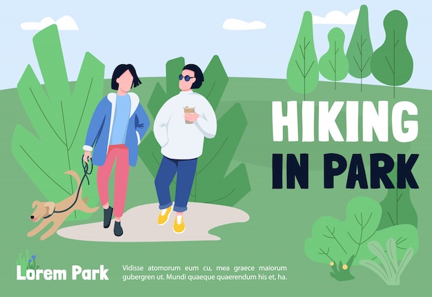 Hiking in park banner   template. Brochure, poster concept design with cartoon characters.