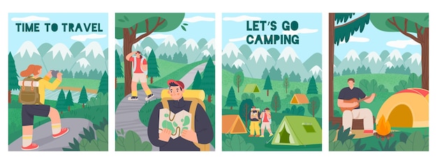 Hiking people poster Cartoon tourism and active adventure banners with characters on camping Vector banner