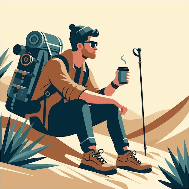 hiking people sitting in mountains vector illustration