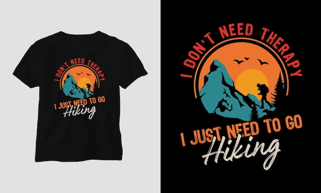 Hiking t-shirt design concept. Designed with Mountain, Silhouette, trees, and vintage style.