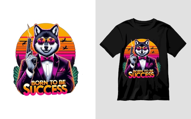 A hilariously vibrant tshirt design featuring a suave wolf dressed as a James Bond