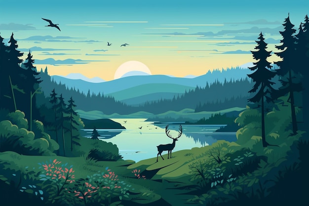 Vector hill landscape deer birds