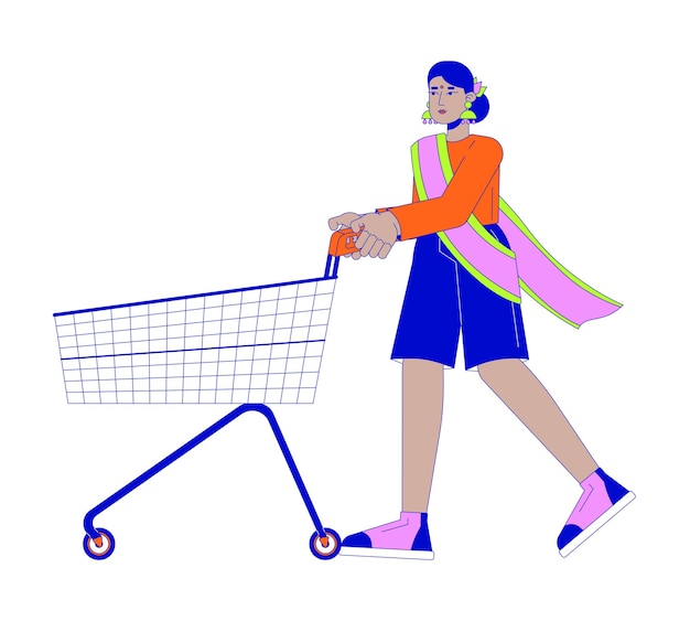 Hindu female uses shopping cart 2D linear cartoon character