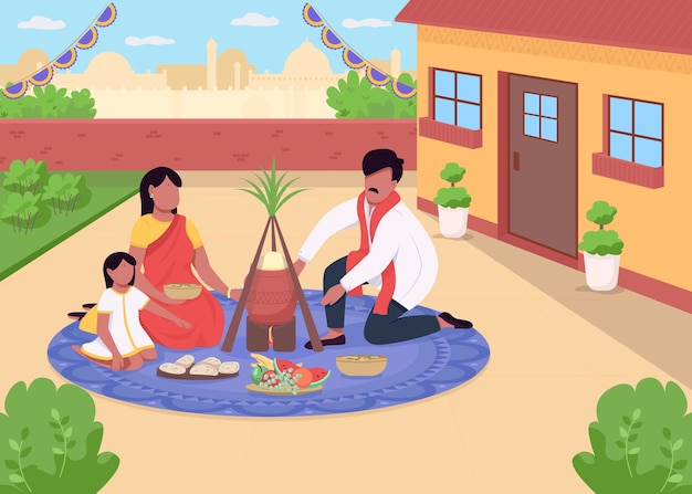 Hindu holiday dinner flat color illustration. Traditional festivity in India. Celebratory meal with relatives. Indian family 2D cartoon characters with cityscape on background