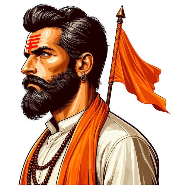 Hindu man with orange tilak and dhoti and kurta a saffron flag in his hand vector jay Shree ram