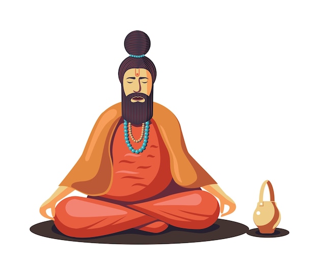 Hindu Old Sadhu meditating isolated royalty free vector illustration