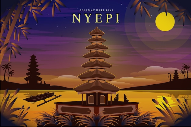 Hindu temple at night Nyepi celebration Greetings