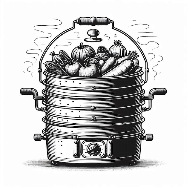 Hinged vegetable steamer Silhouette line art vector illustration on white background