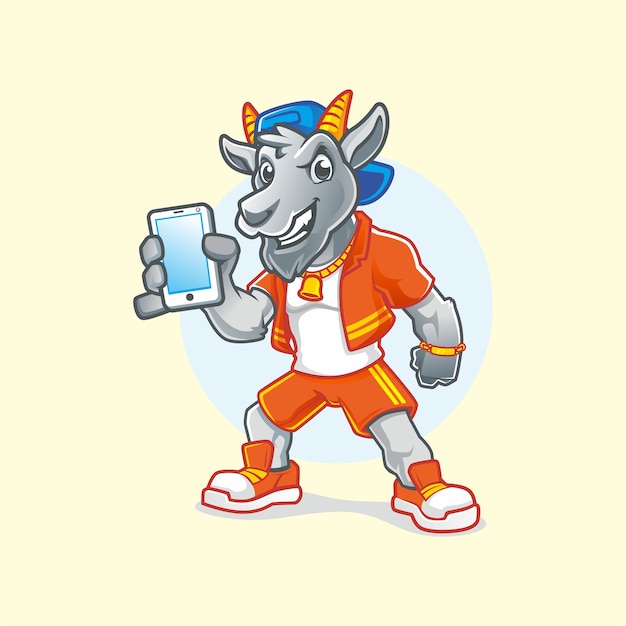 Hip Hop Funky Goat Hold a Smartphone Mascot Vector Drawing