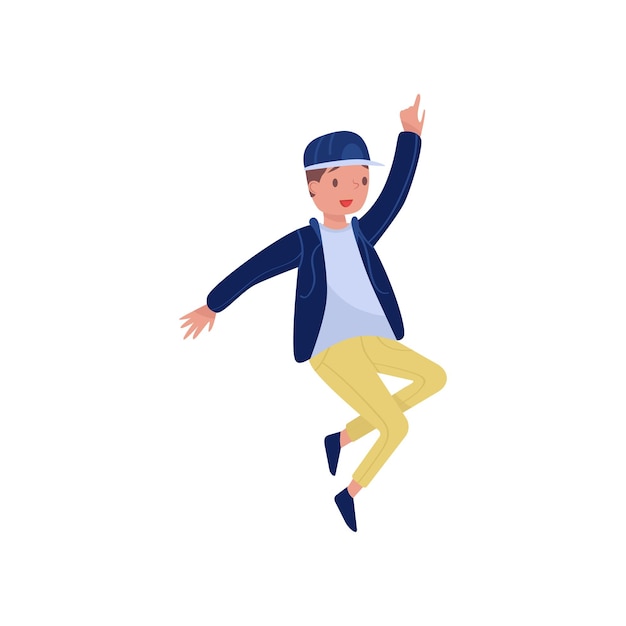 Hiphop dancer in action Teenager boy with happy face Party time Flat vector element for promo poster of dance school