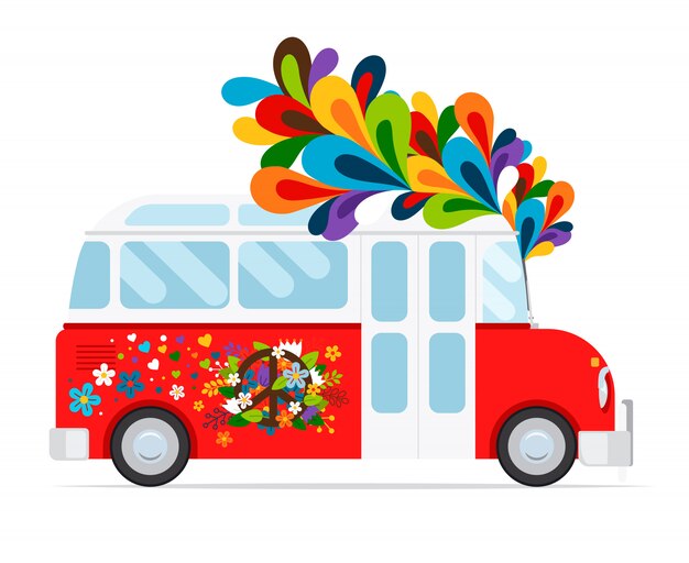 Vector hippie bus icon with floral element 