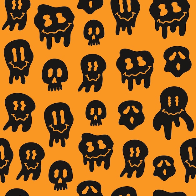 Hippie groovy melting smile black faces on a orange background. Funny Halloween seamless pattern.