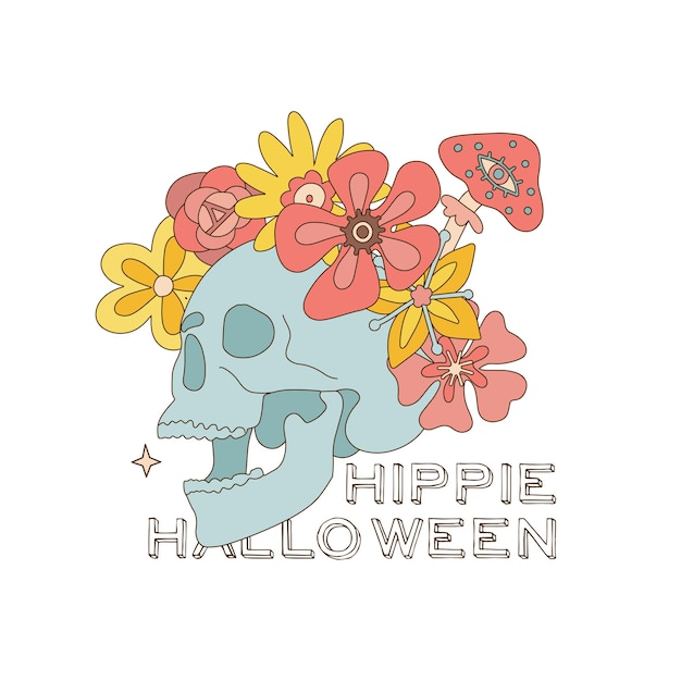 Hippie halloween card with skull with mushroom and flowers isolated on white retro groovy s s brainc