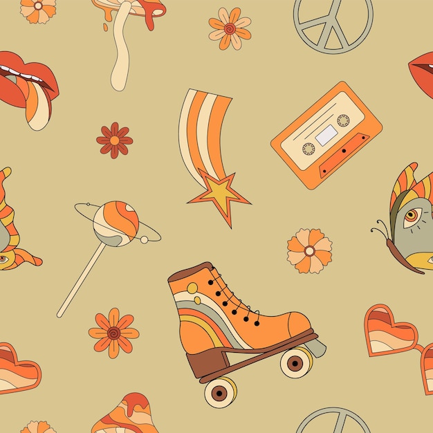 Hippie psychedelic groovy seamless pattern Retro flowers butterfly roller skate lips cassette peace sign Surreal vector illustration