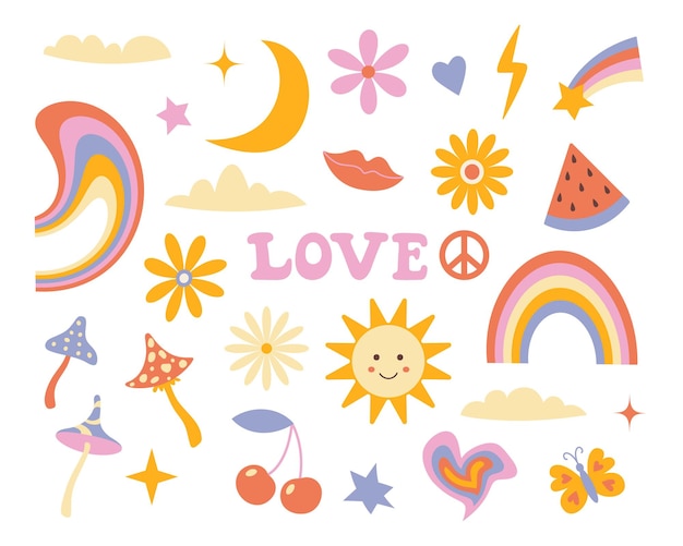 Hippie retro stickers in the style of the 70s. Cartoon Psychedelic Vintage Clipart Rainbow Flower