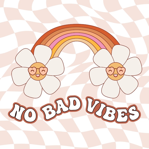 Hippie smiling rainbow with No Bad Vibes slogan