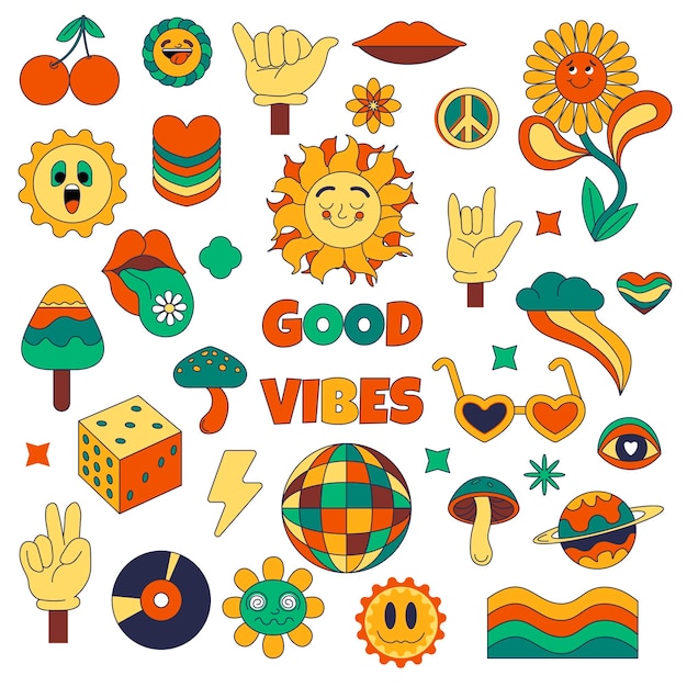 Hippie stickers and emoticons good vibes only