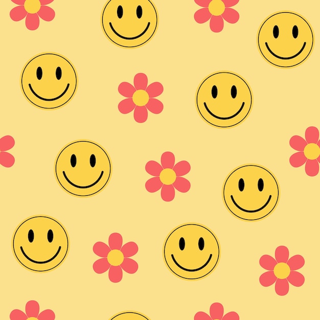 Hippie y2k groovy emojis and flowers seamless pattern Yellow smile stickers and pink color flowers