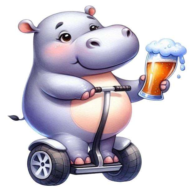 Vector hippo holding a beer glass stands on a segway