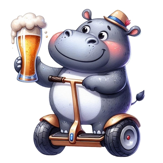 Vector hippo holding a beer glass stands on a segway