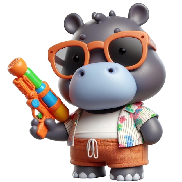 Hippo holding a toy water gun 3D Render illustration