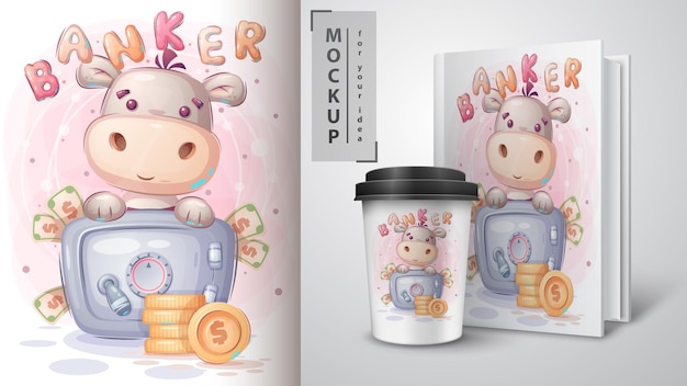 Hippo is saving money poster and merchandising. Vector eps 10