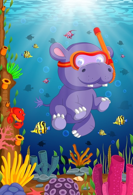 hippo snorkeling in underwater sea