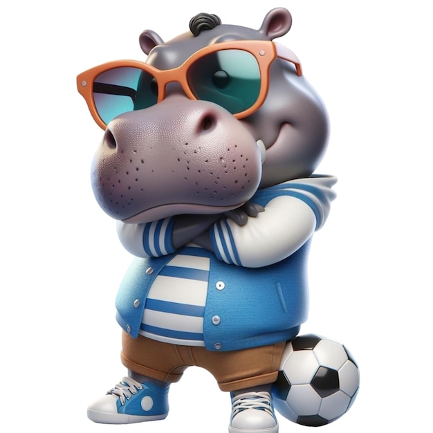 Hippo stands and steps on a soccer ball 3D Render illustration