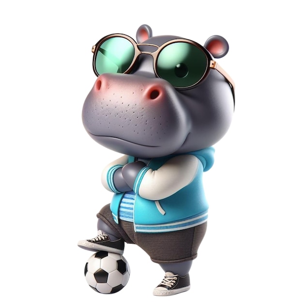 Hippo stands and steps on a soccer ball 3D Render illustration