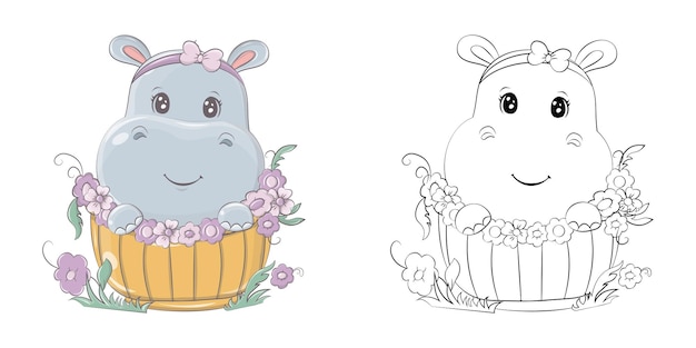 Hippopotamus Clipart for Coloring Page and Multicolored Illustration.  Adorable Hippo in a Basket.