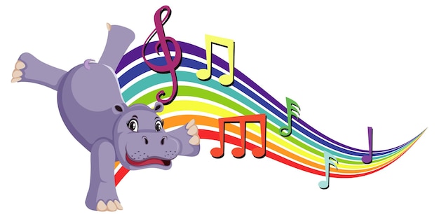 Hippopotamus dancing with melody symbols on rainbow