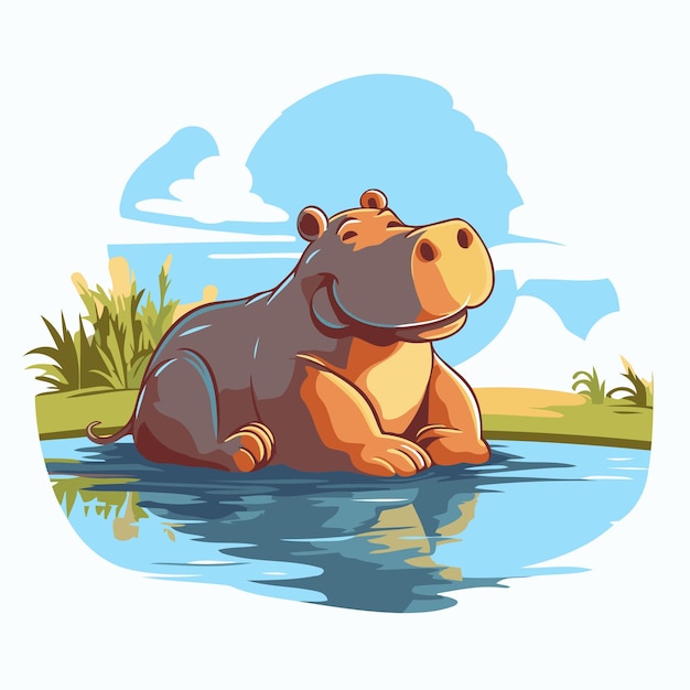 Vector hippopotamus sitting in the water cartoon vector illustration